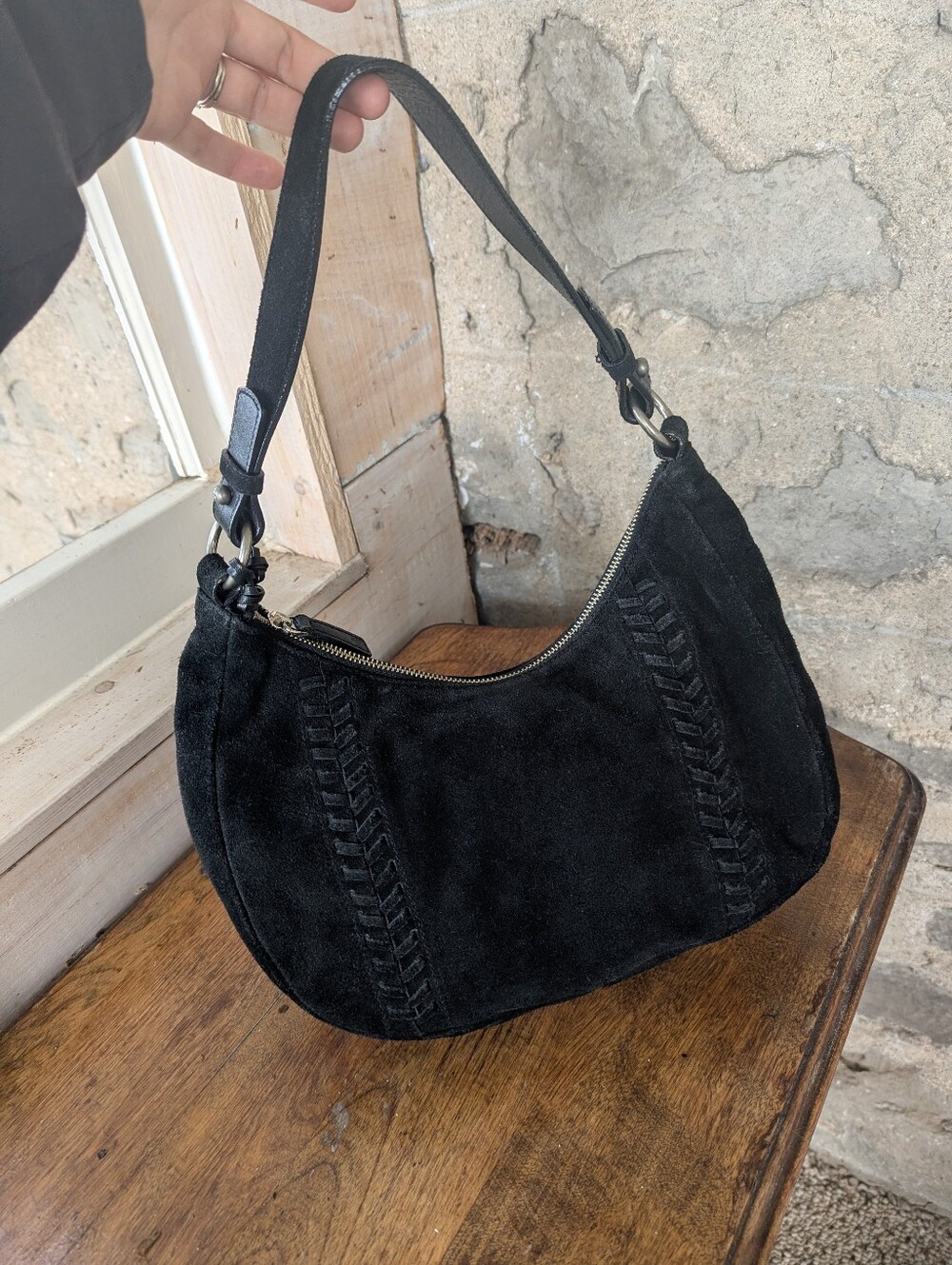 Vintage Ralph Lauren Black Suede Shoulder Hobo Bag with Woven Detail